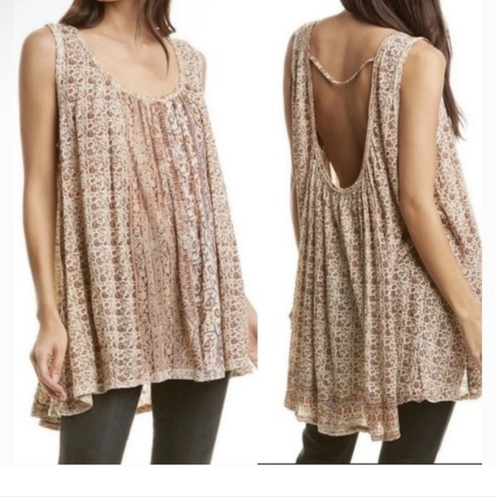 Free People Brown Mess Around Floral/ Paisley Sleeveless Tunic Top In Size XS